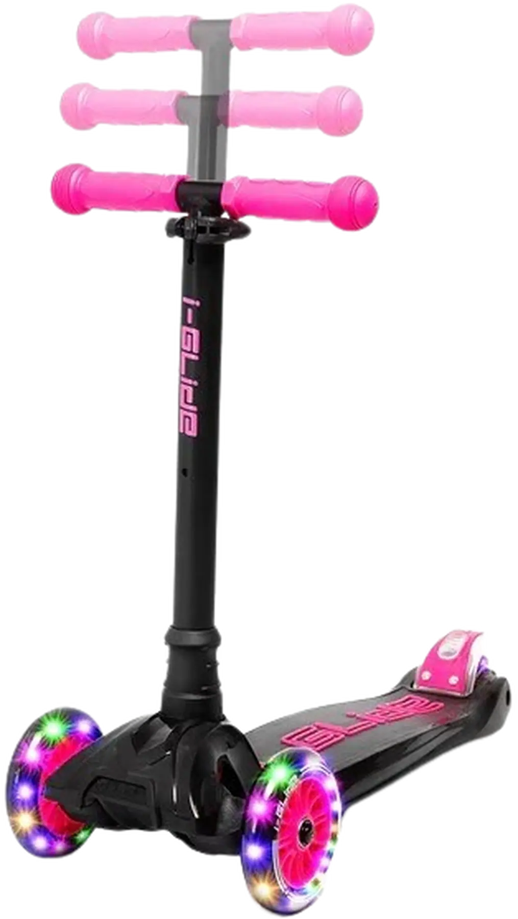 Svart/rosa i-Glide kickbike med robust konstruktion och sportig look för barn och unga