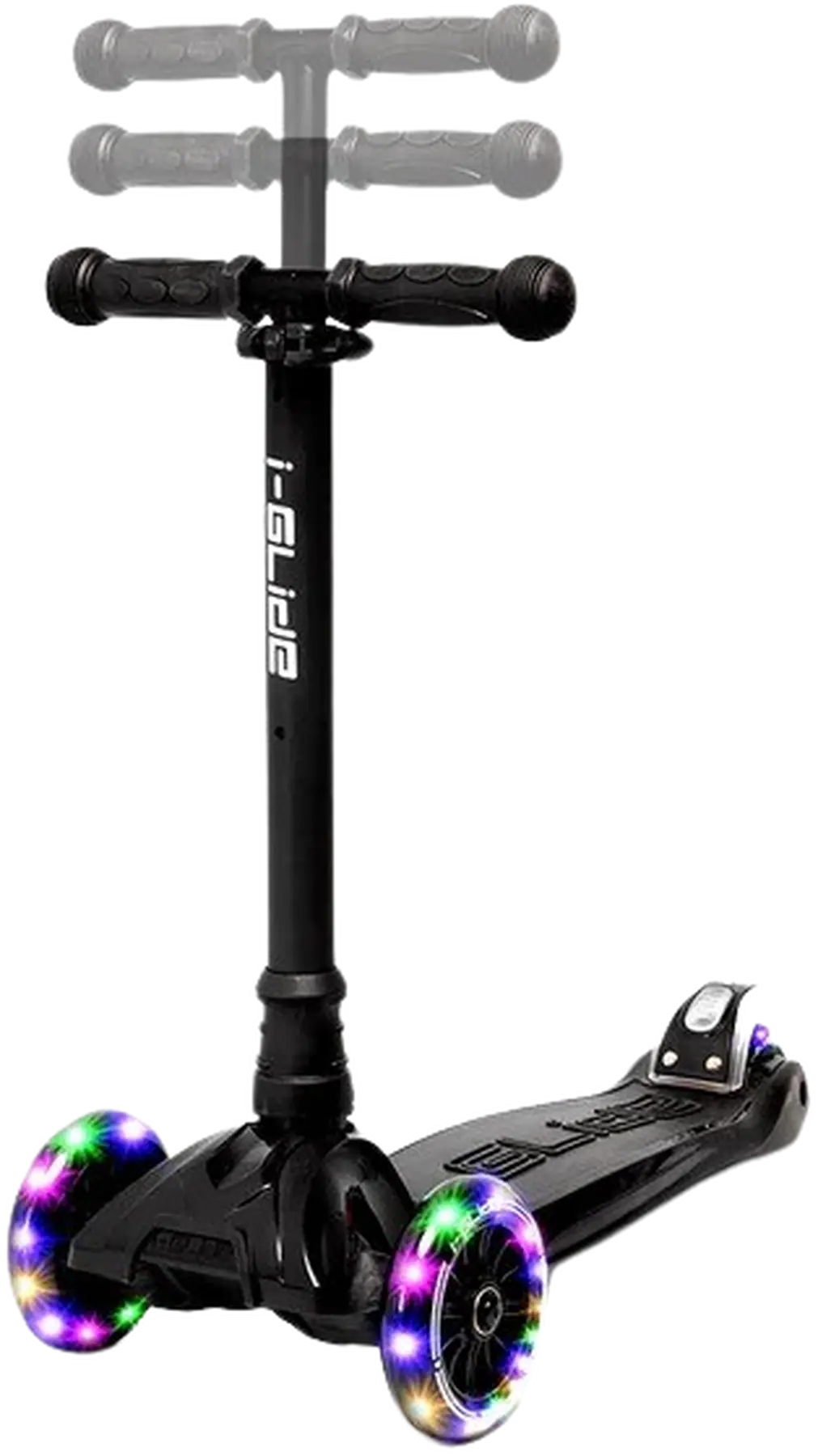 Svart i-Glide stunt scooter utrustad med R-hjul för smidiga trick och stabil åkning