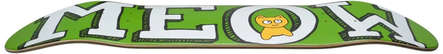 Skateboarddeck med Meow-logotyp för grafisk och stilren åkning, perfekt för skate-entusiaster och samlare.