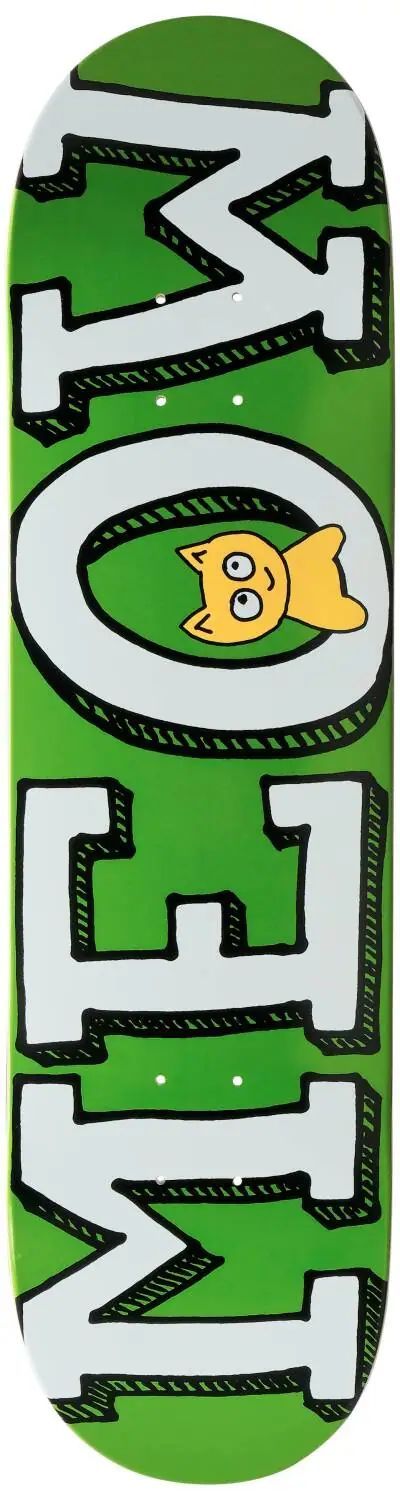 Skateboarddeck med Meow-logotyp för grafisk och stilren åkning, perfekt för skate-entusiaster och samlare.