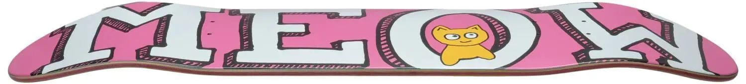 Skateboarddeck med Meow-logotyp för grafisk och stilren åkning, perfekt för skate-entusiaster och samlare.