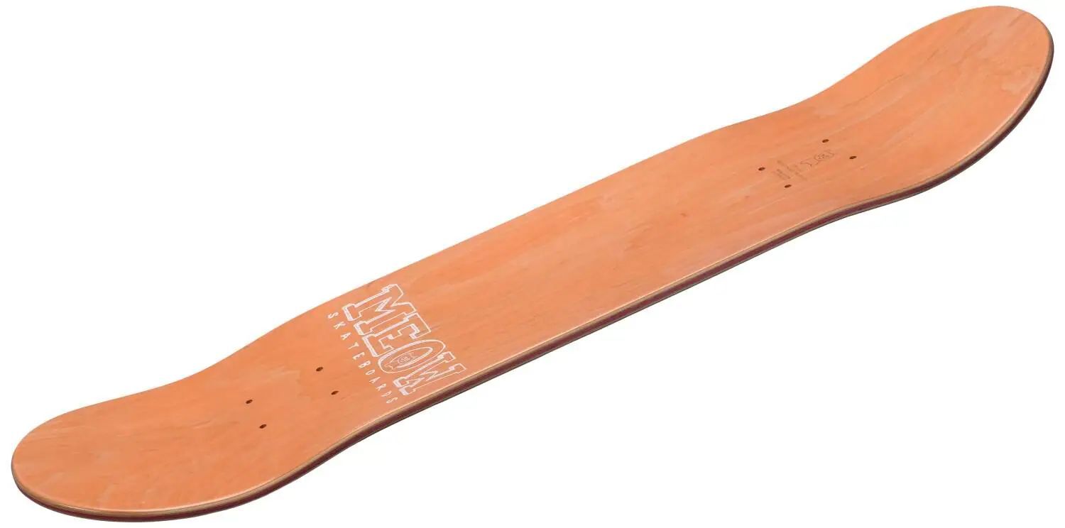 Skateboarddeck med Meow-logotyp för grafisk och stilren åkning, perfekt för skate-entusiaster och samlare.