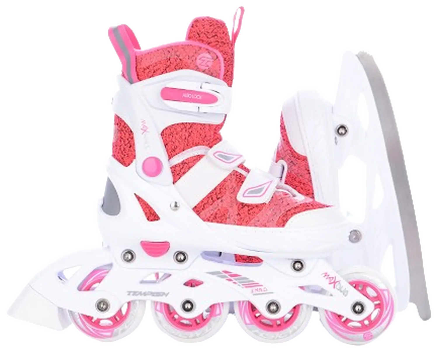 Rosa Tempish Enbo Duo Adjustable Inline Skates, justerbara barnskridskor som enkelt omvandlas från isskridskor till inlines med bekväm passform.